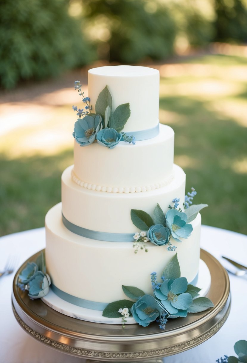 A three-tiered wedding cake adorned with sage green leaves and dusty blue blossoms