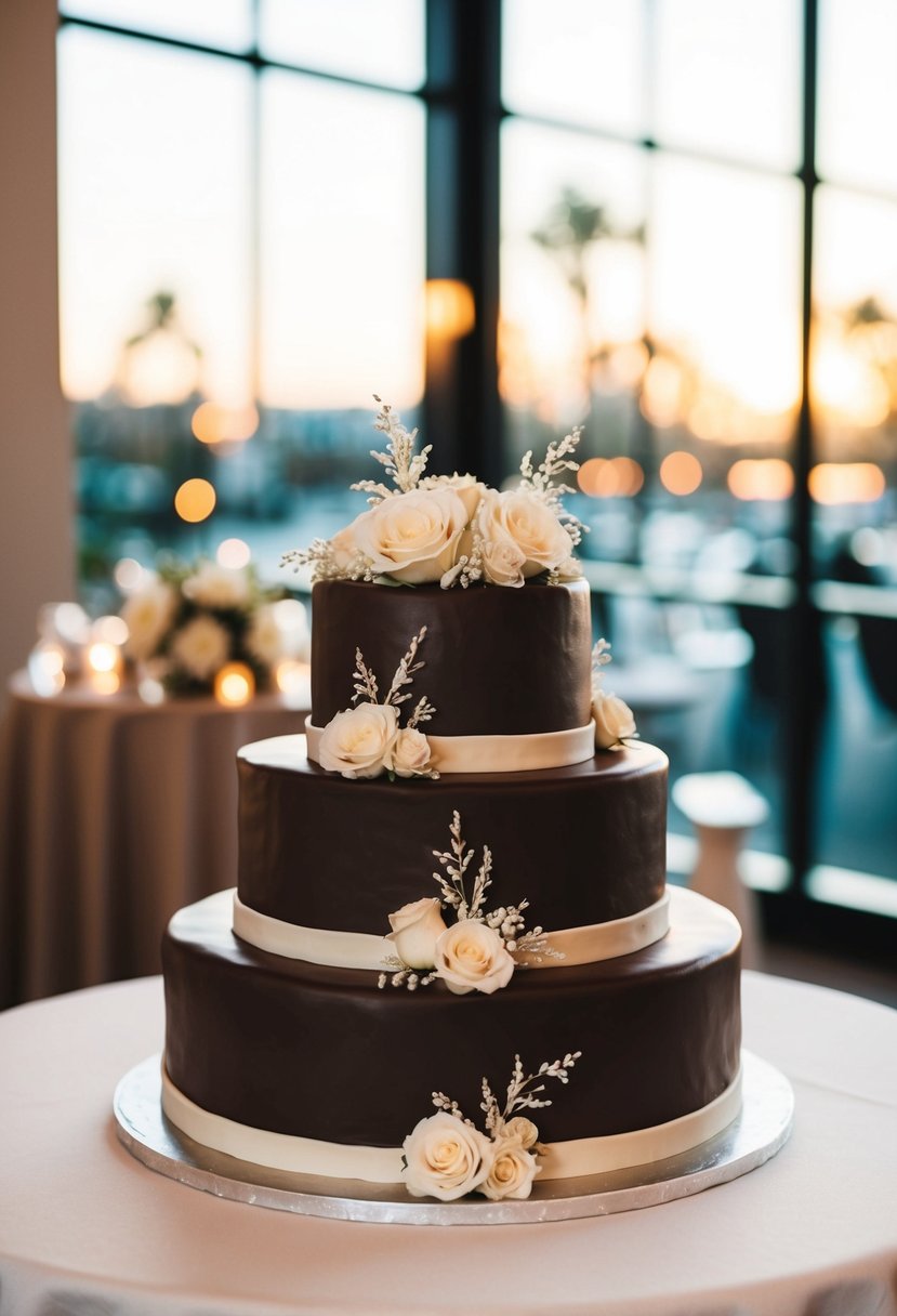 A rich chocolate brown wedding cake adorned with elegant ivory accents