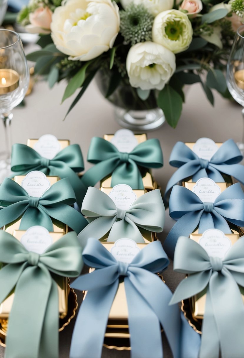 Sage green and dusty blue ribbons tied around wedding favors, set against a backdrop of coordinating decor and flowers