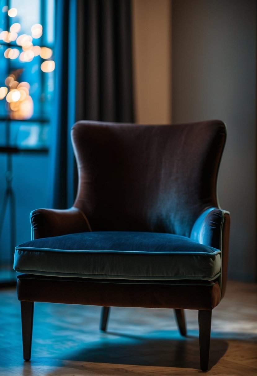 A dark brown and dusty blue upholstered chair in a dimly lit room