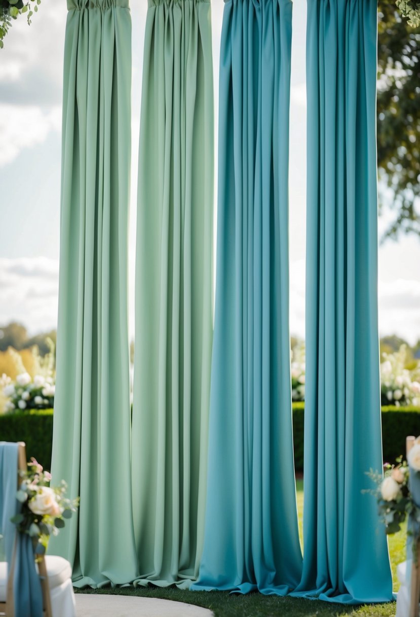 Sage green and dusty blue drapes hang elegantly as a backdrop for the wedding ceremony