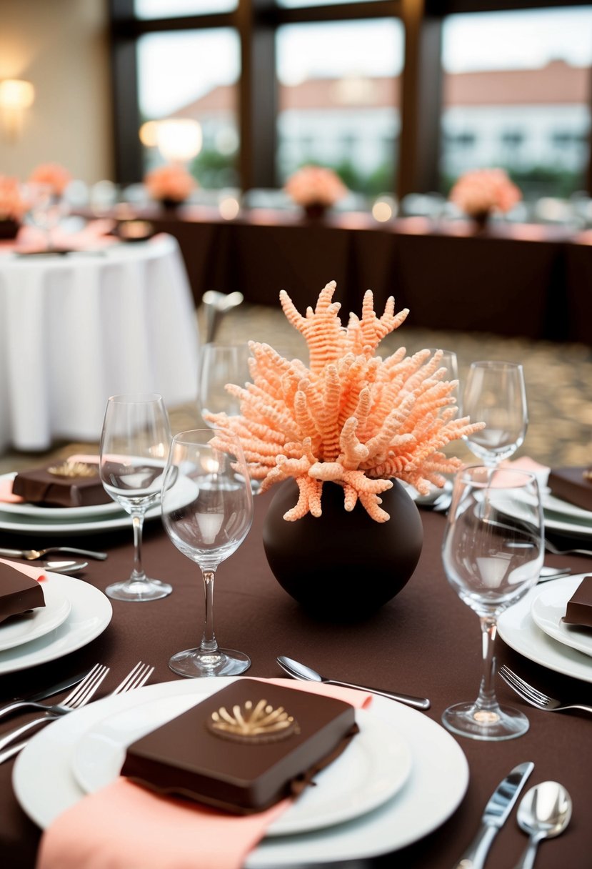 A table set with dark brown chocolate and coral centerpieces