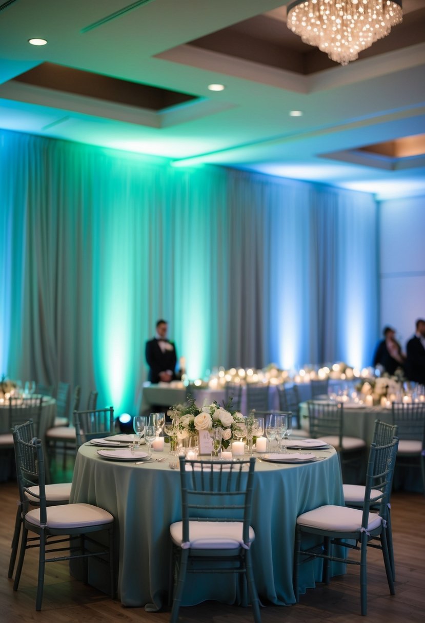 Soft sage green and dusty blue lighting cast a calming glow over a wedding reception, creating an ambient and romantic atmosphere