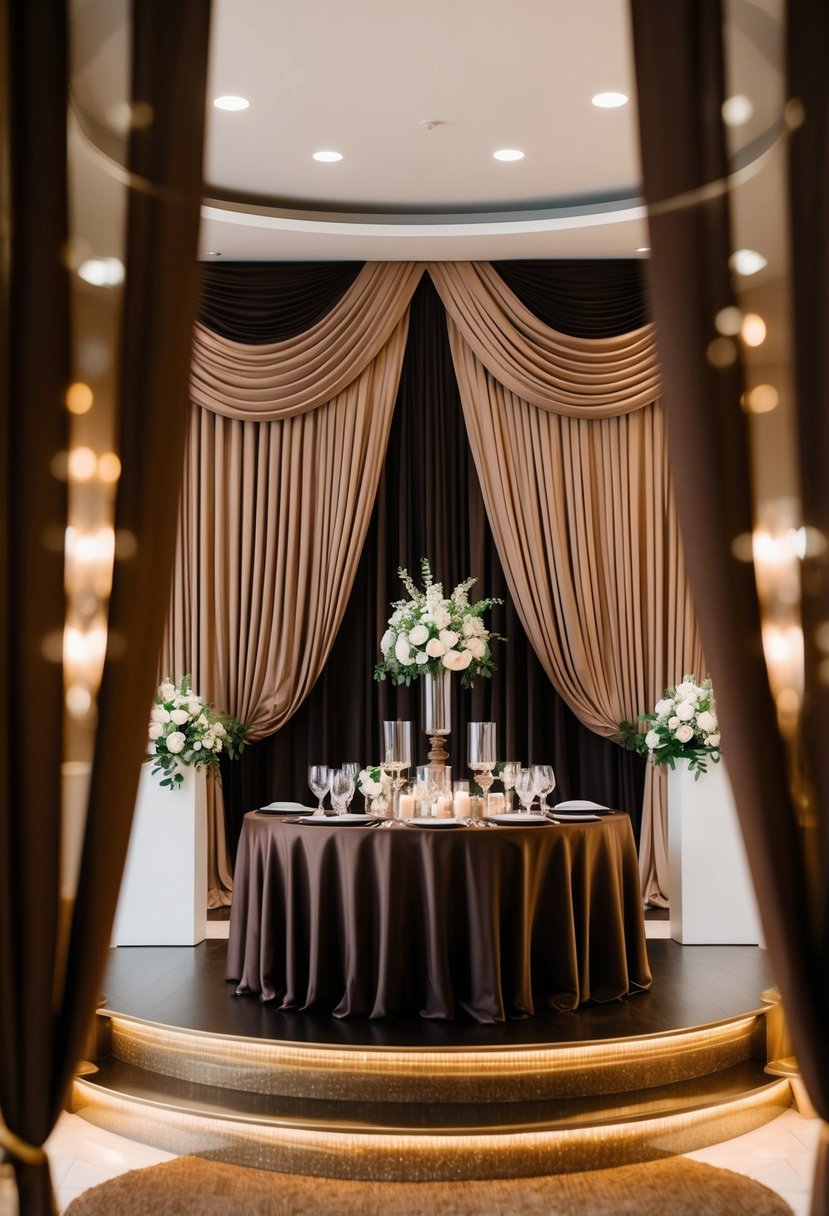 A luxurious wedding scene with rich mocha drapery, dark brown decor, and elegant details