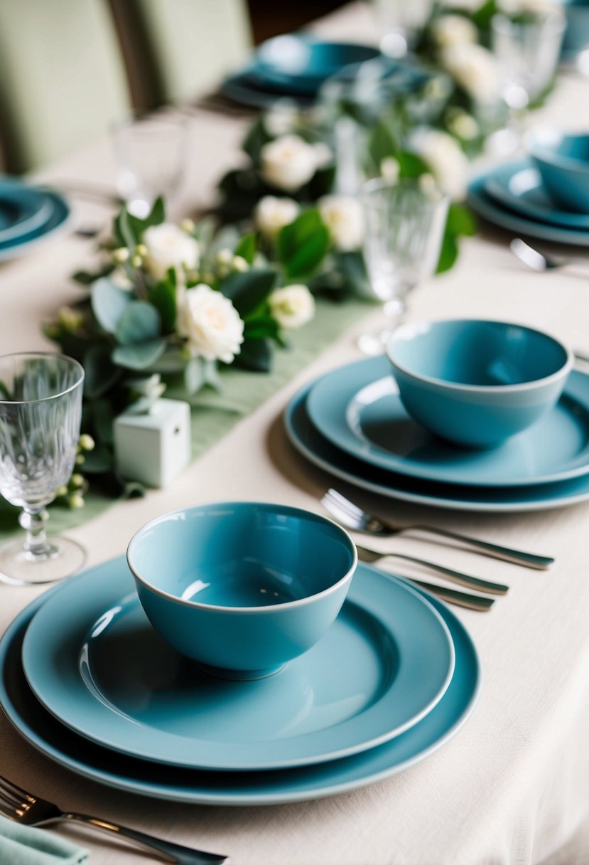 Dusty blue plates and cups sit on a table with sage green napkins, creating a serene and elegant wedding color palette