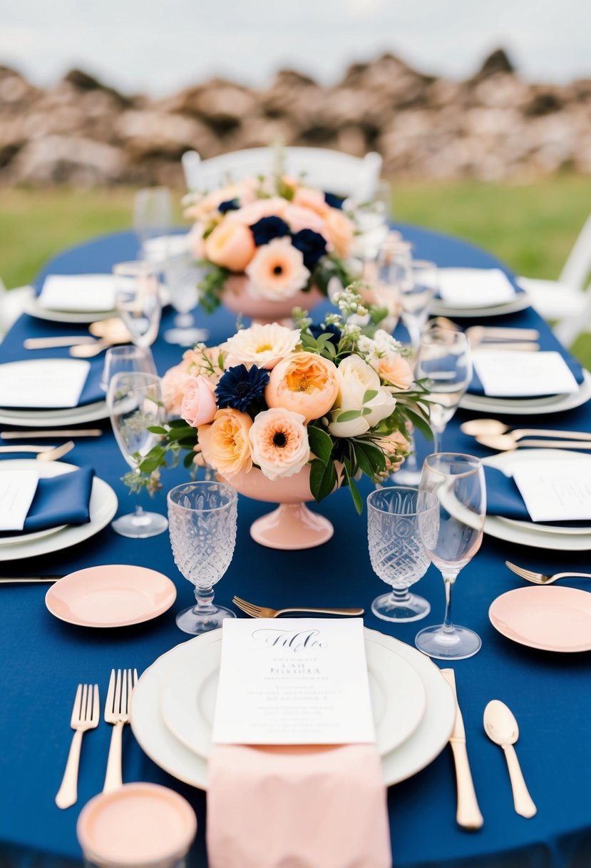 A wedding table set with peach and navy decor, including flowers, linens, and place settings