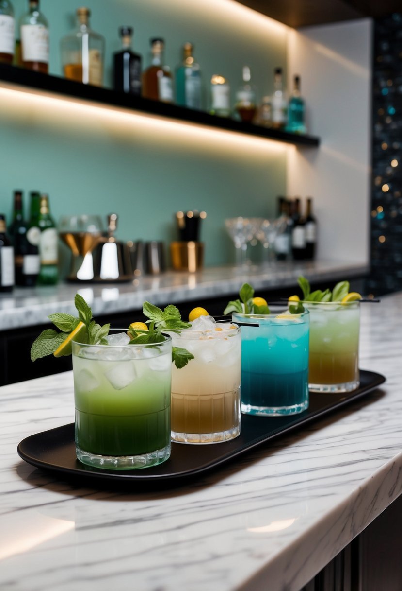 A bar scene with sage green and dusty blue cocktails served on a marble countertop with elegant glassware and fresh garnishes