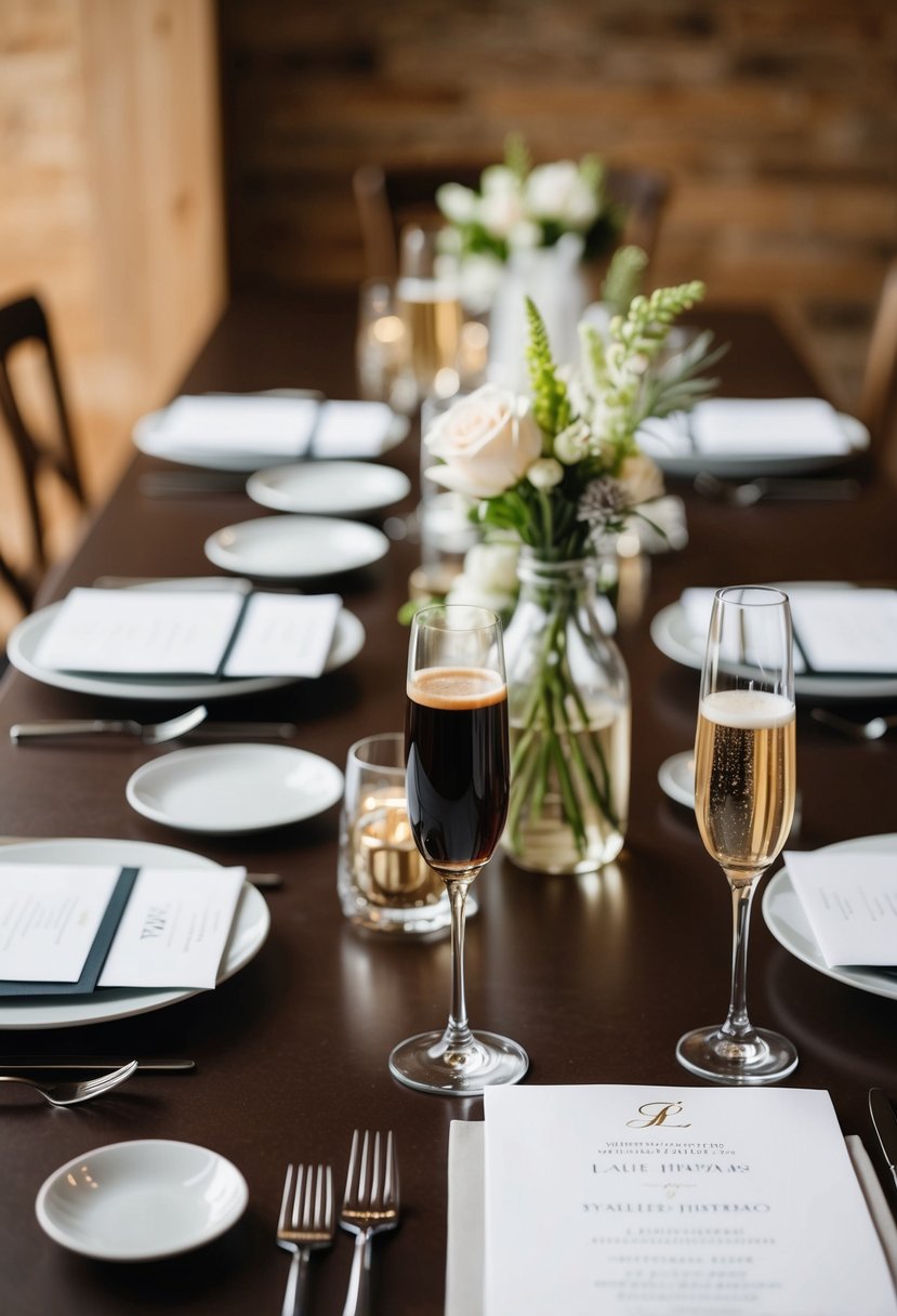 A table set with dark brown espresso and champagne, surrounded by wedding invitations and decor