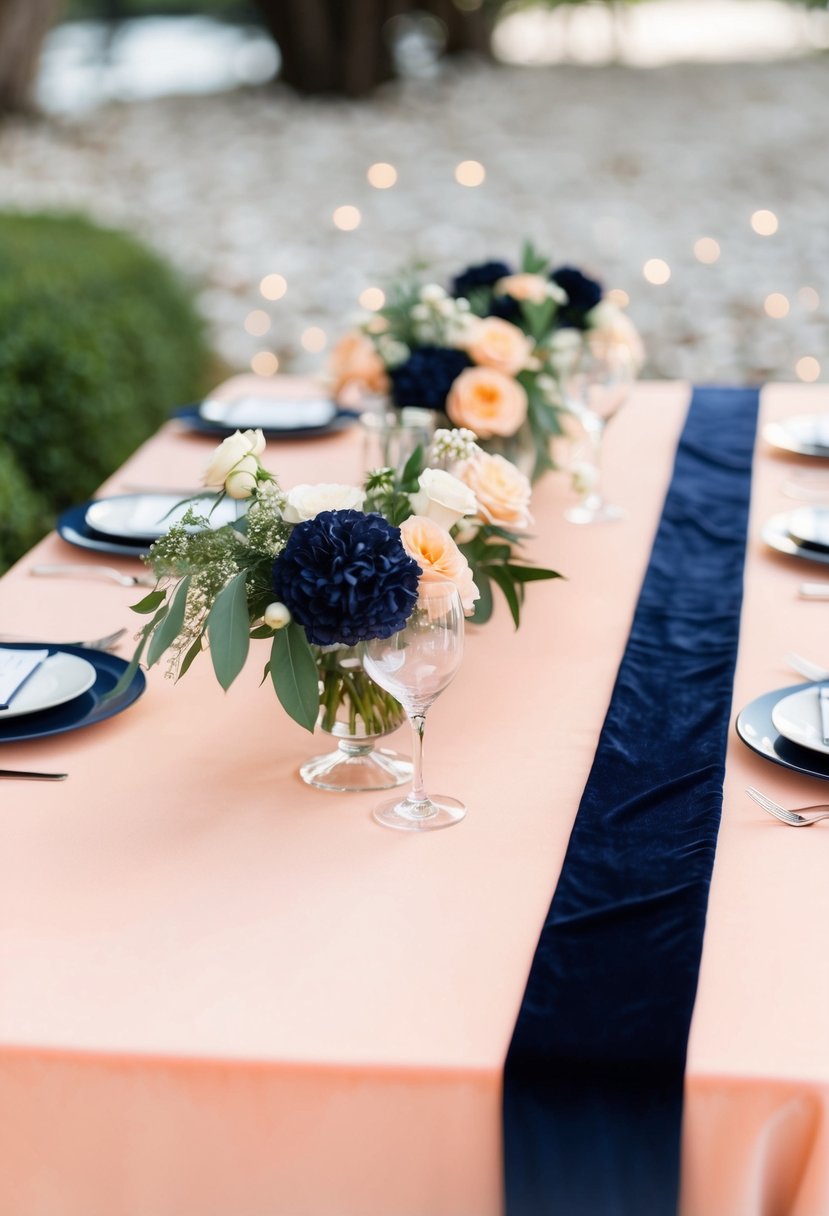 Navy velvet table runners lay across a peach table, adding elegance to a navy and peach wedding color scheme