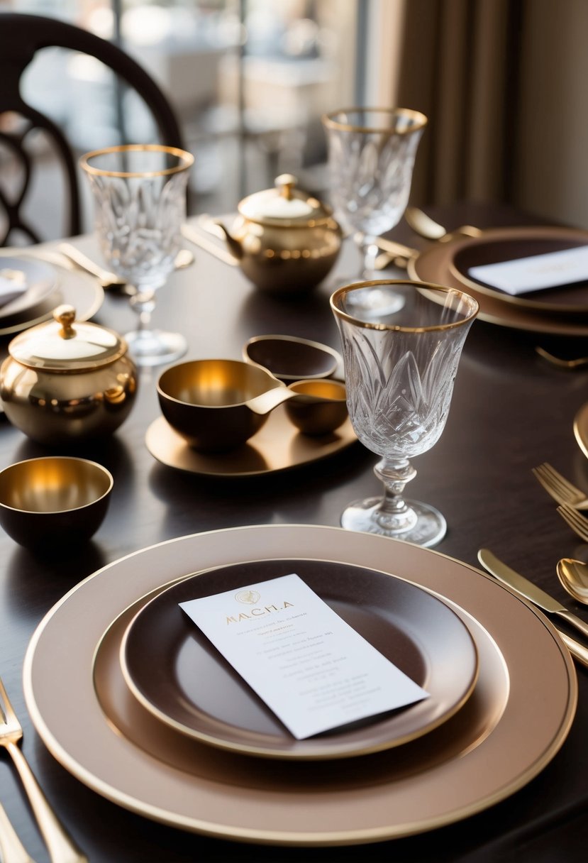 A mocha-colored table setting with elegant gold utensils and dark brown accents