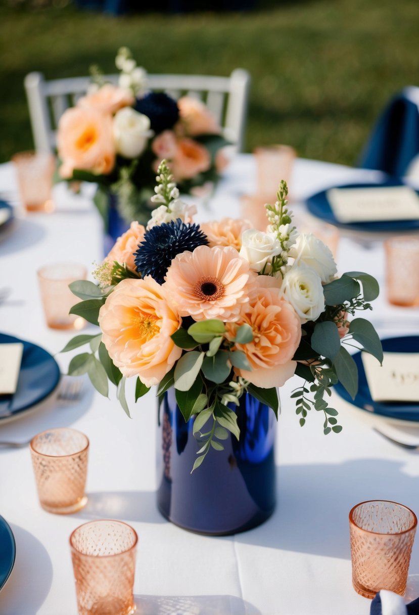 Peach and navy floral centerpieces arranged on a wedding reception table