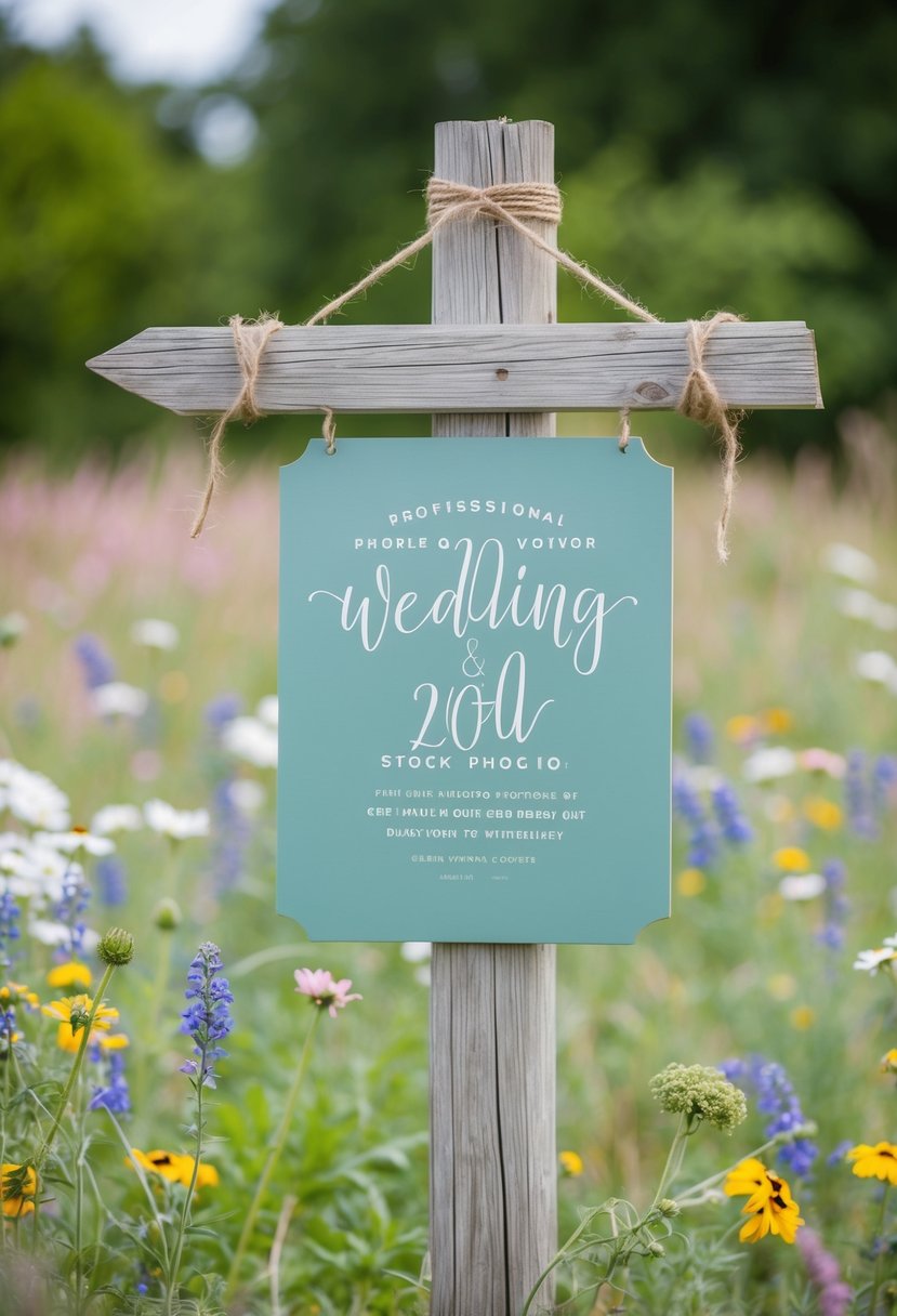 A sage green and dusty blue wedding sign hangs from a rustic wooden post, surrounded by wildflowers and greenery