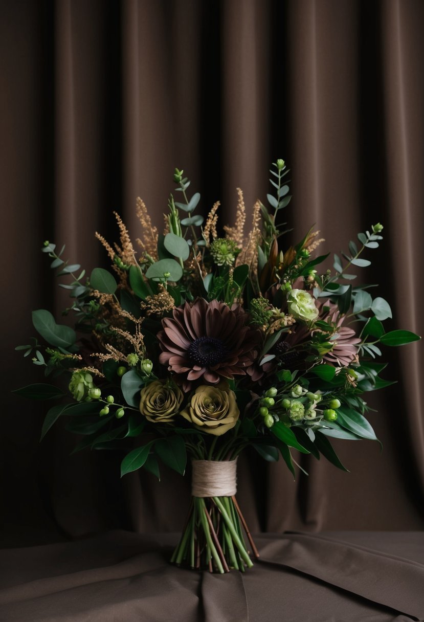 A rich cocoa and olive green floral arrangement set against a dark brown backdrop, evoking elegant and earthy wedding color ideas