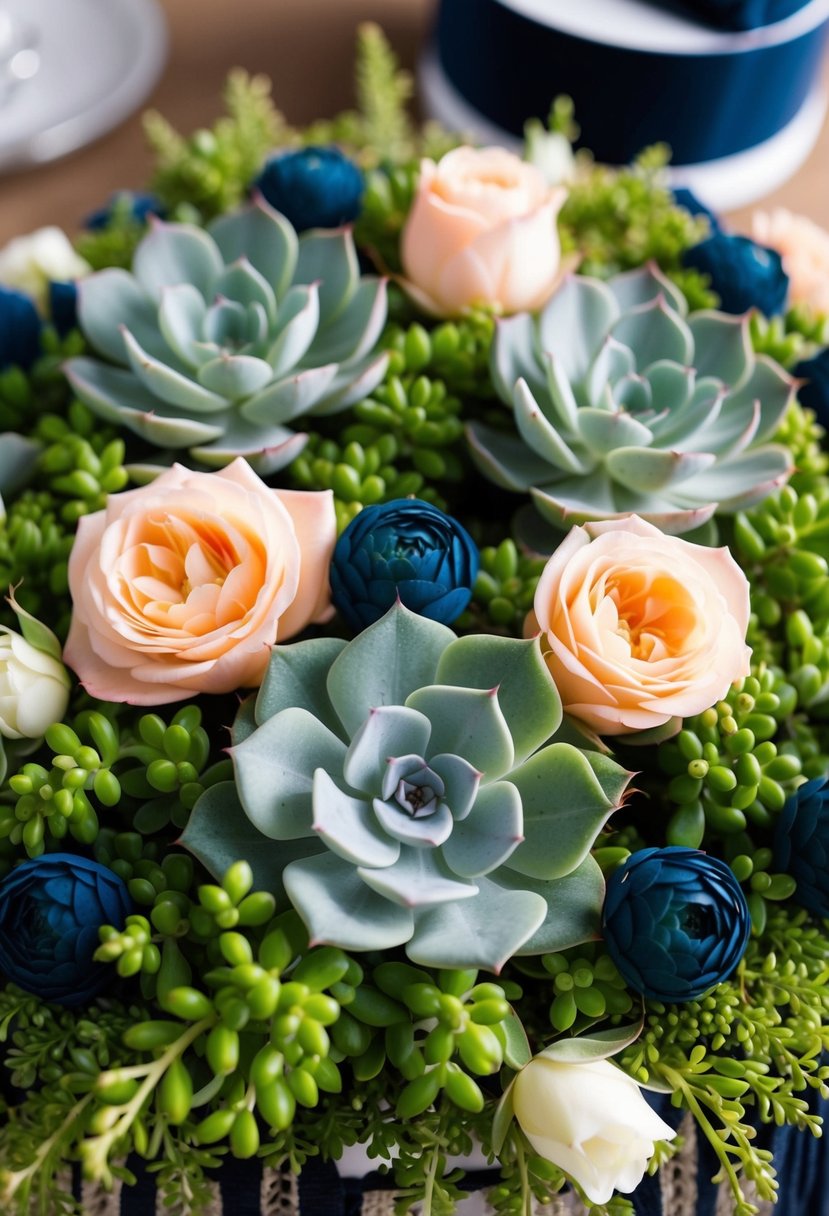 Lush green succulents interwoven with delicate peach roses, accented by navy details