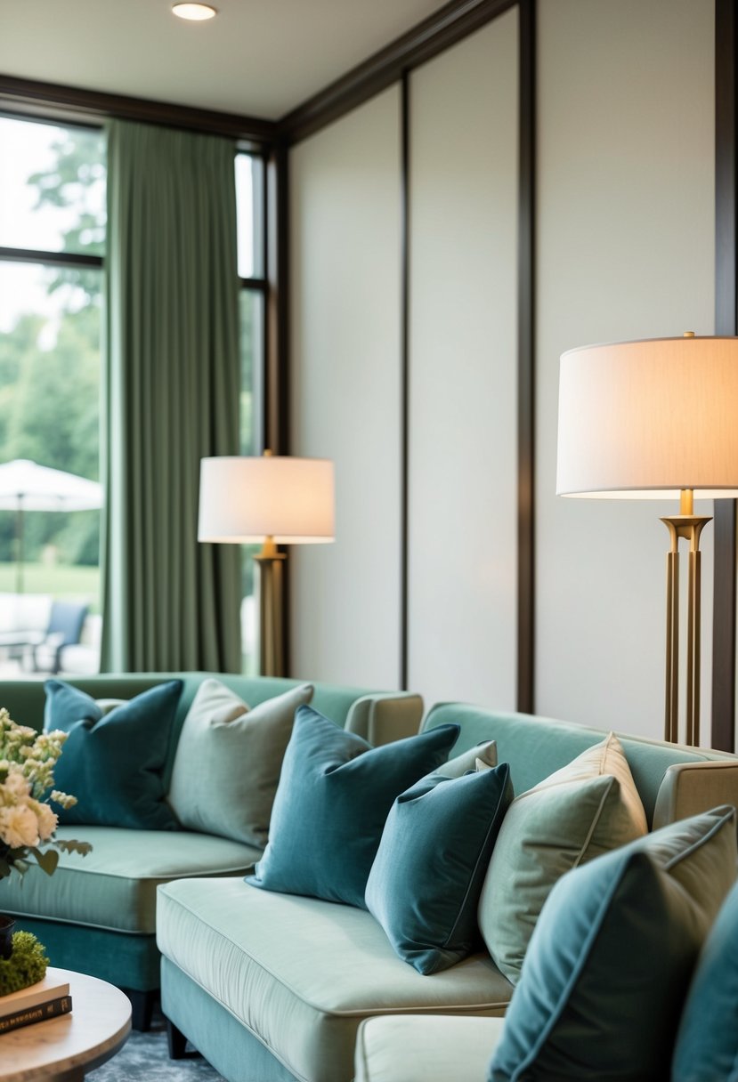 A lounge area with sage green and dusty blue cushions, creating a serene and elegant atmosphere