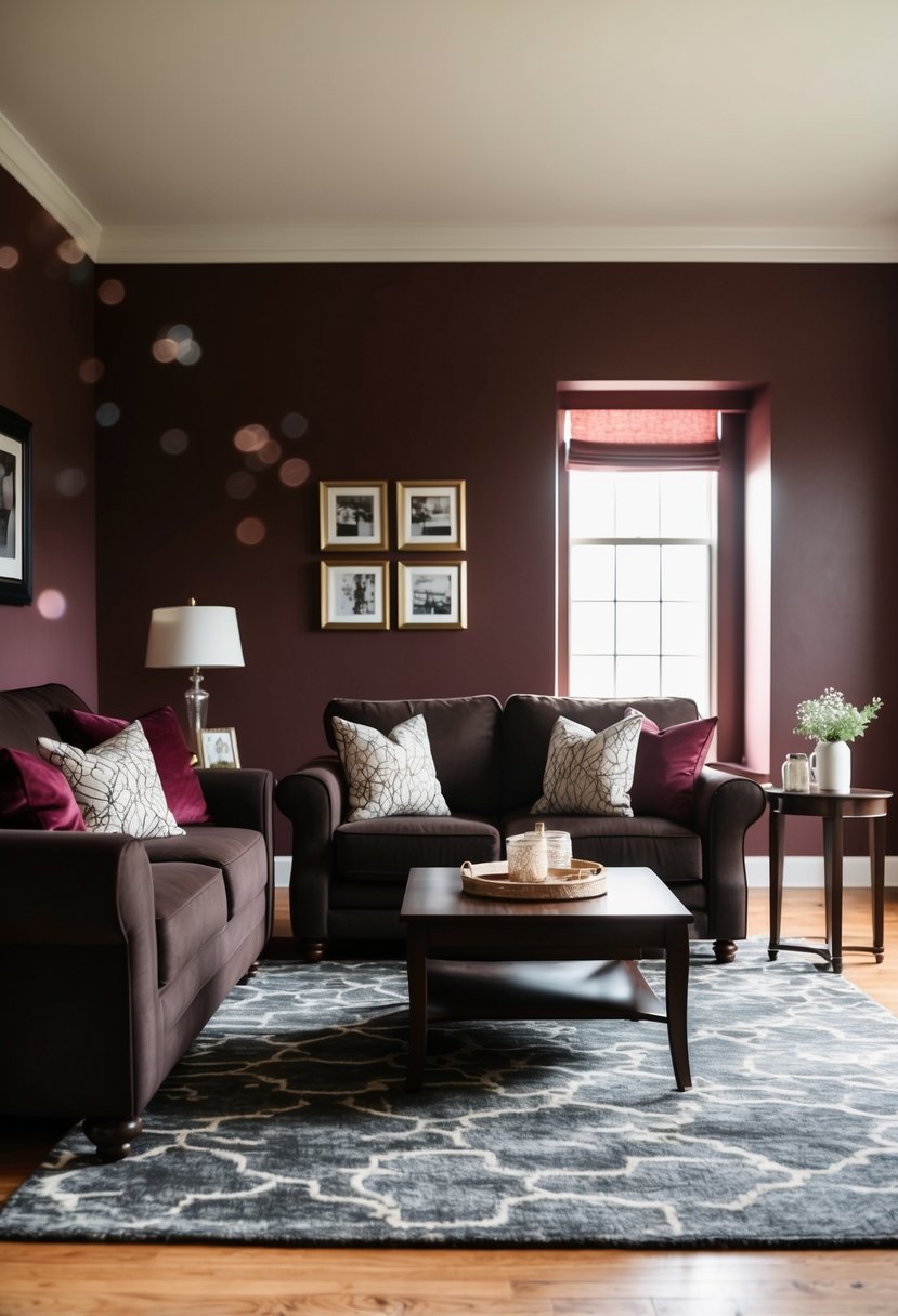 A cozy living room with dark brown furniture and burgundy accents