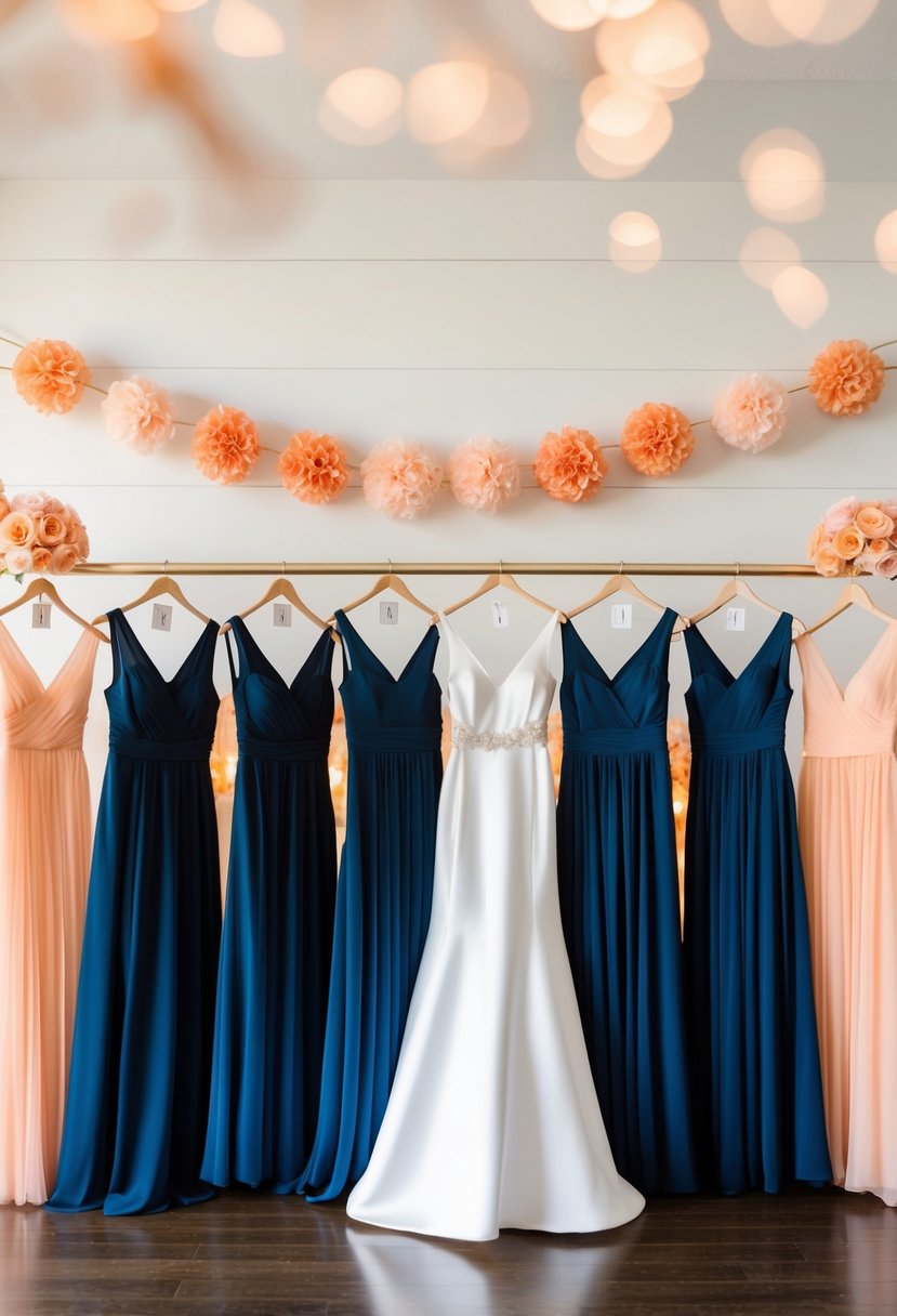 A group of navy blue bridesmaid dresses arranged alongside peach-colored wedding decor