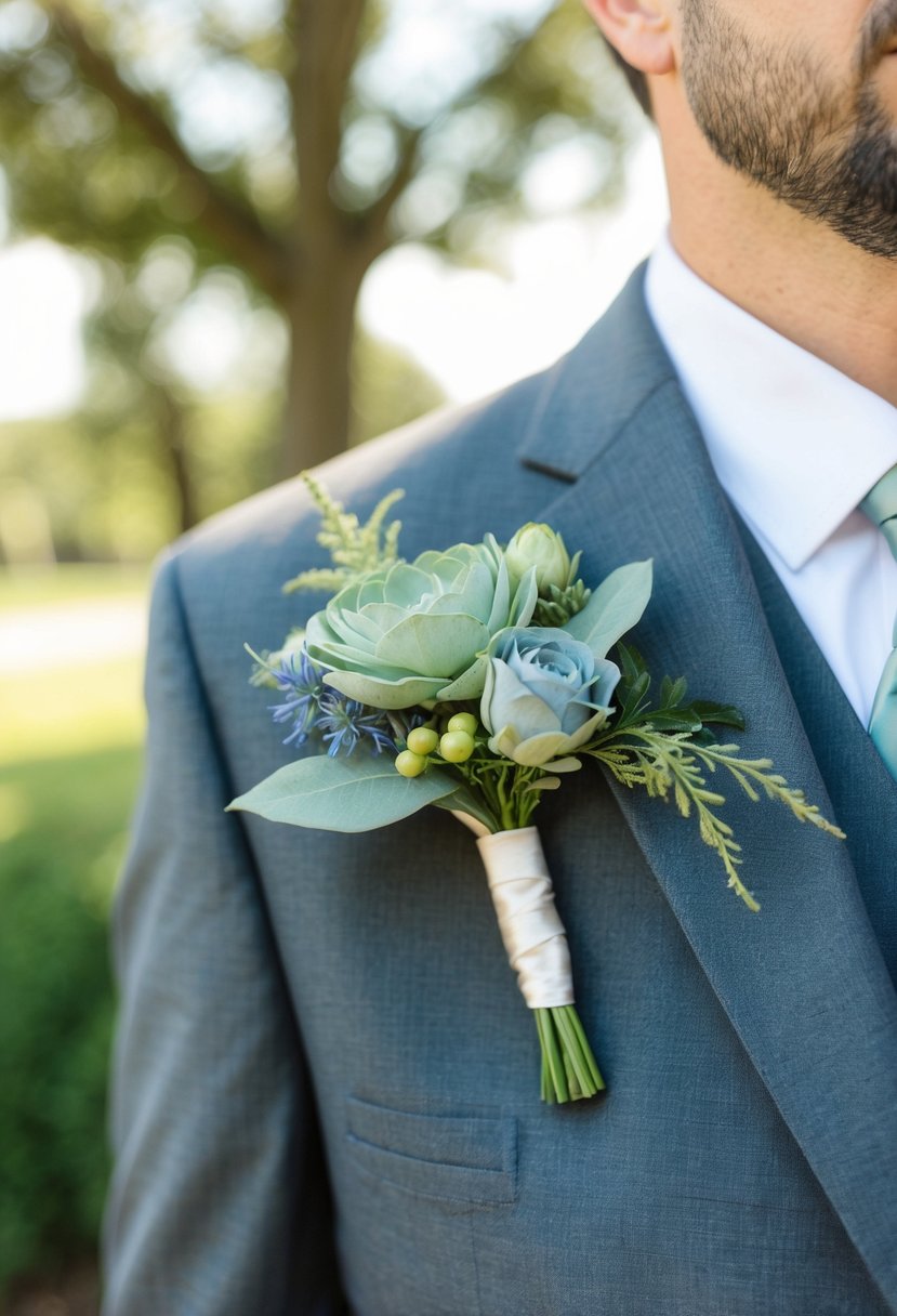 A groom's lapel adorned with a boutonnière featuring sage green and dusty blue flowers