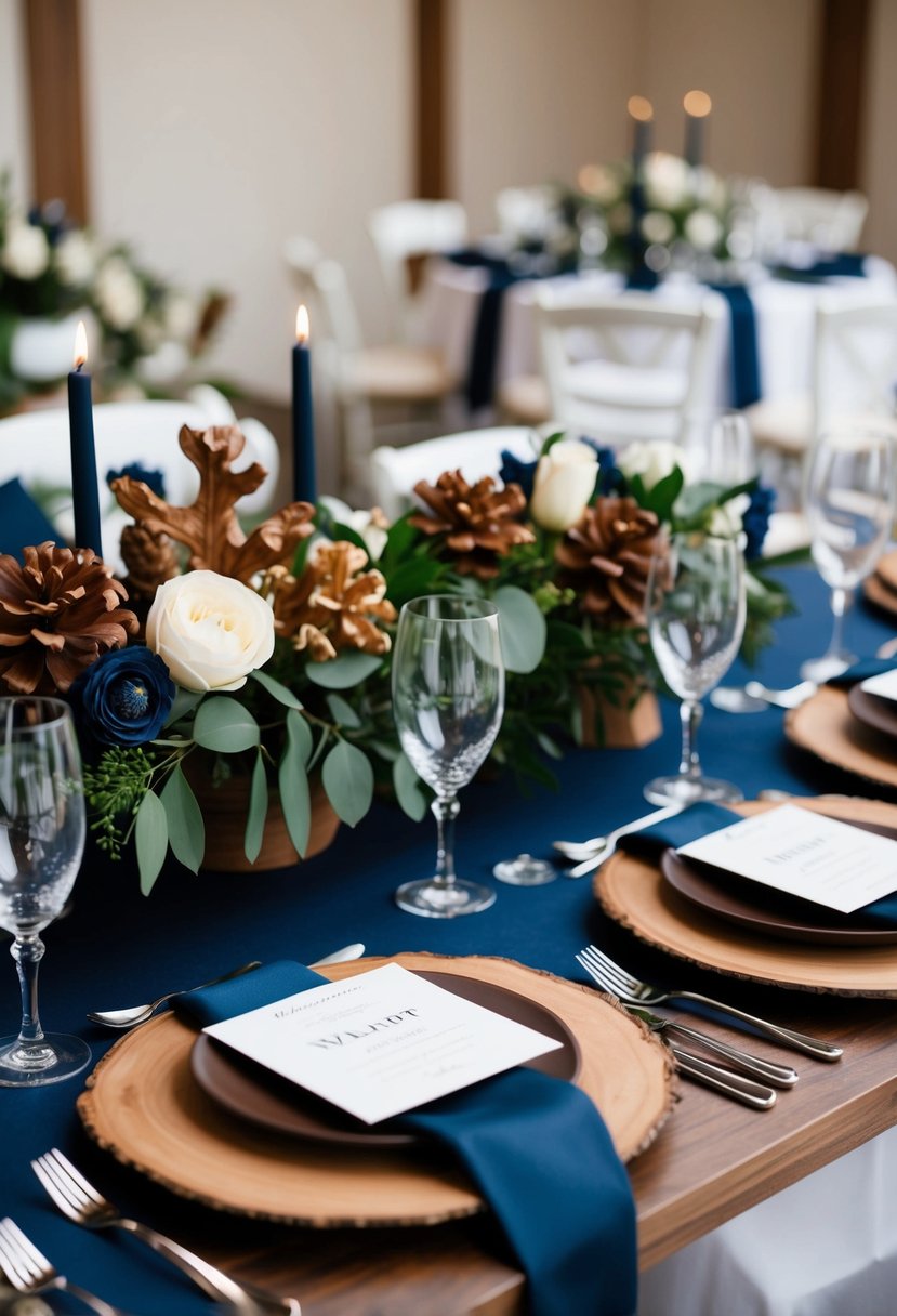 A wedding table adorned with walnut and navy blue decor details, featuring dark brown accents