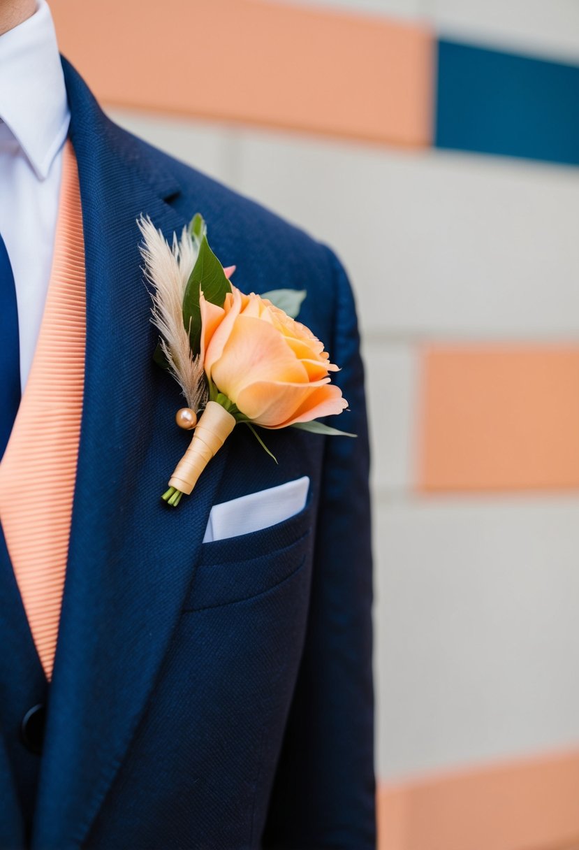 A peach boutonniere pinned to a navy suit lapel, set against a peach and navy color palette