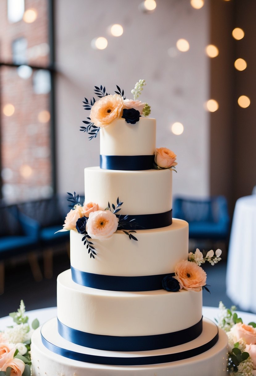 A three-tiered wedding cake with navy and peach floral decorations