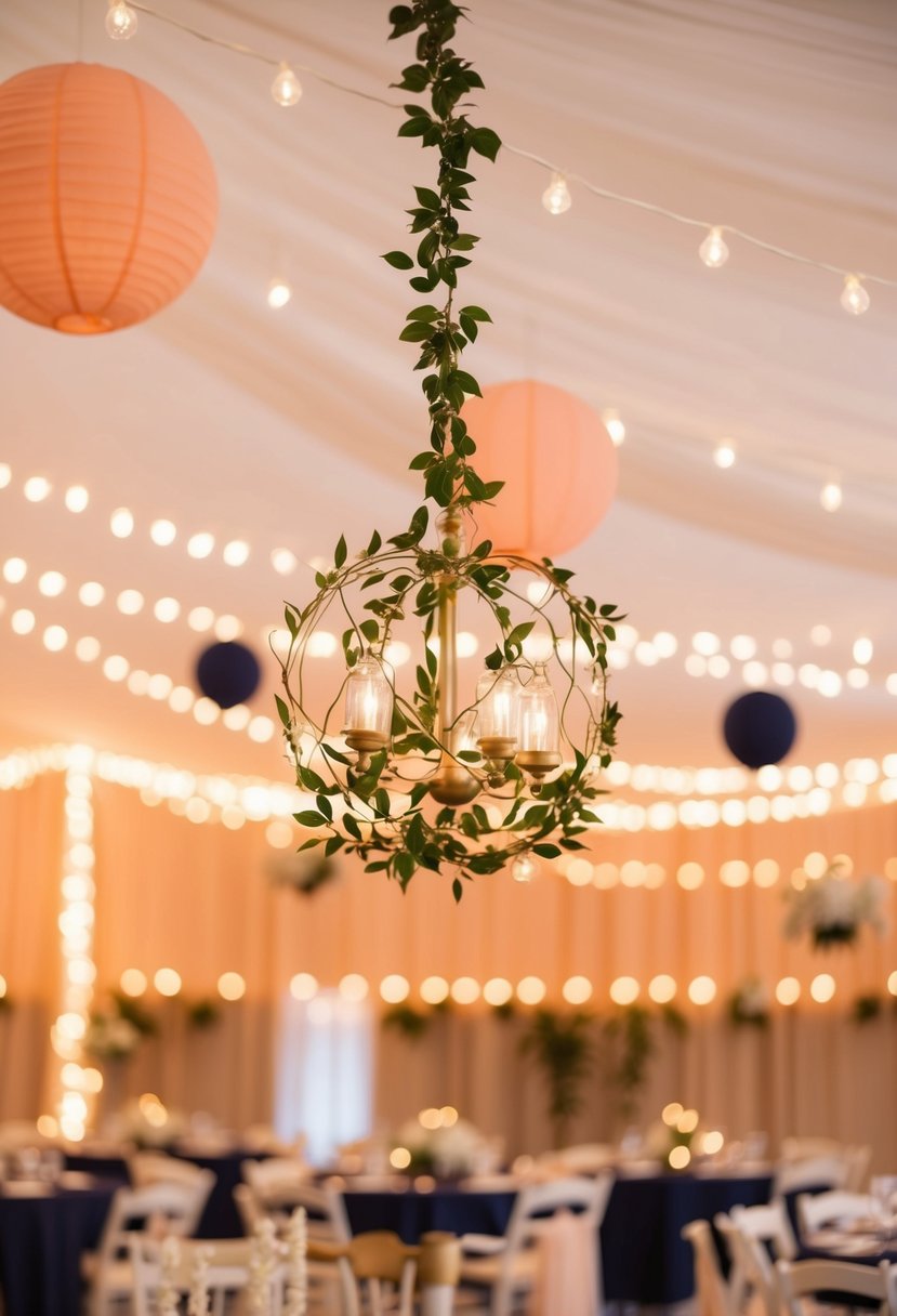 Peach and navy wedding decor with fairy lights creating a soft, romantic ambiance