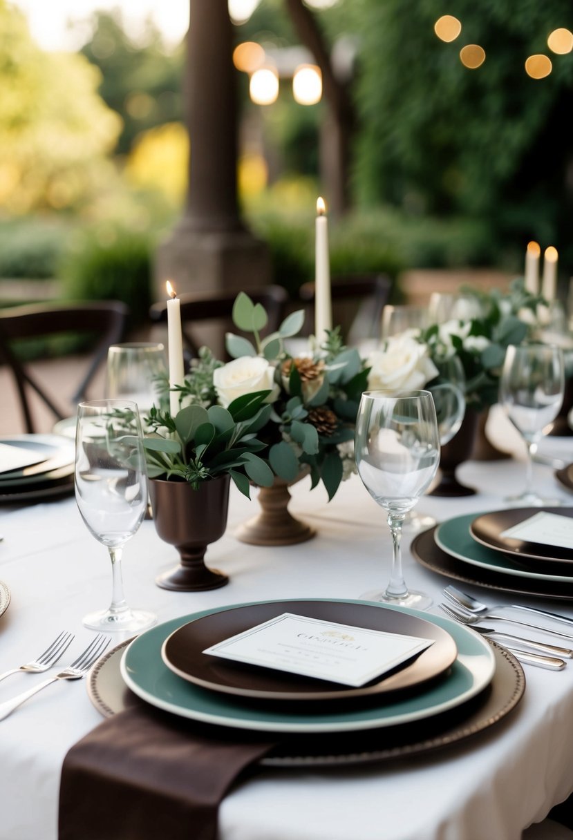 An elegant table setting with espresso and sage green accents, complemented by dark brown details for a wedding color scheme