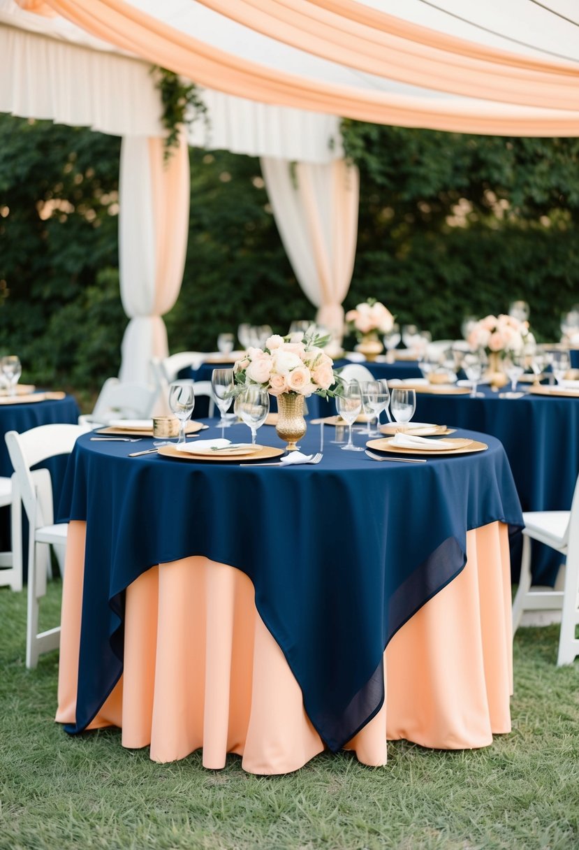 Navy tablecloths with gold accents cover tables at a peach and navy wedding, creating an elegant and sophisticated color scheme