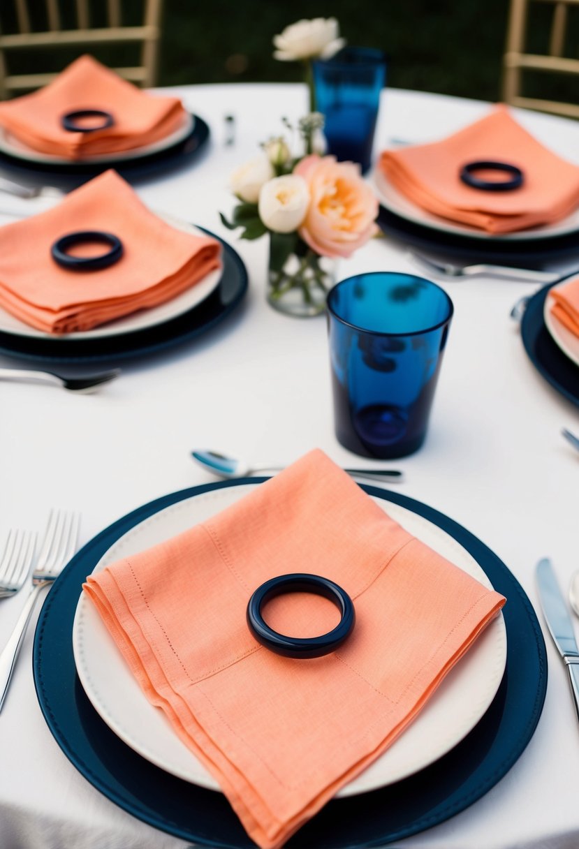 Peach napkins with navy rings arranged on a table