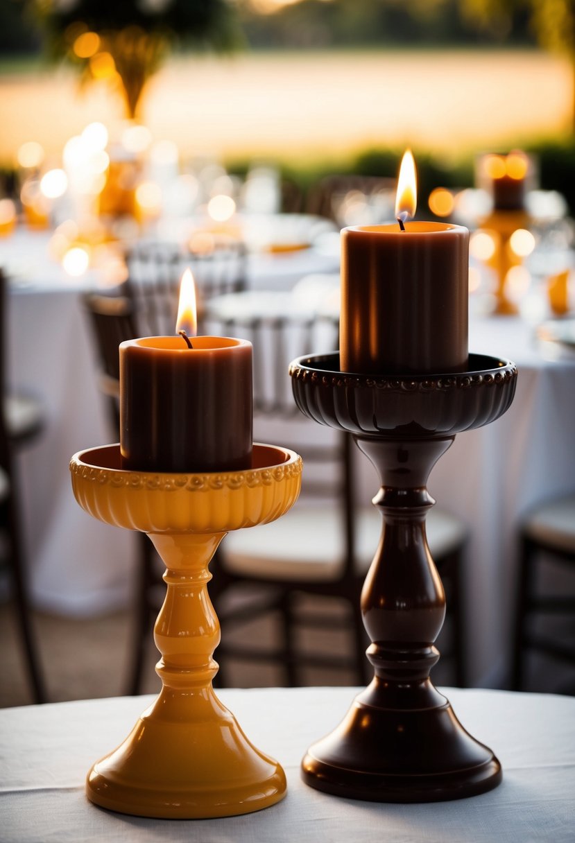 Two candle holders in dark brown and marigold colors sit on a table, casting a warm glow in a wedding setting