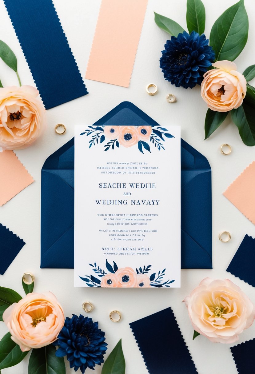 A navy blue wedding invitation surrounded by peach and navy color swatches and floral accents