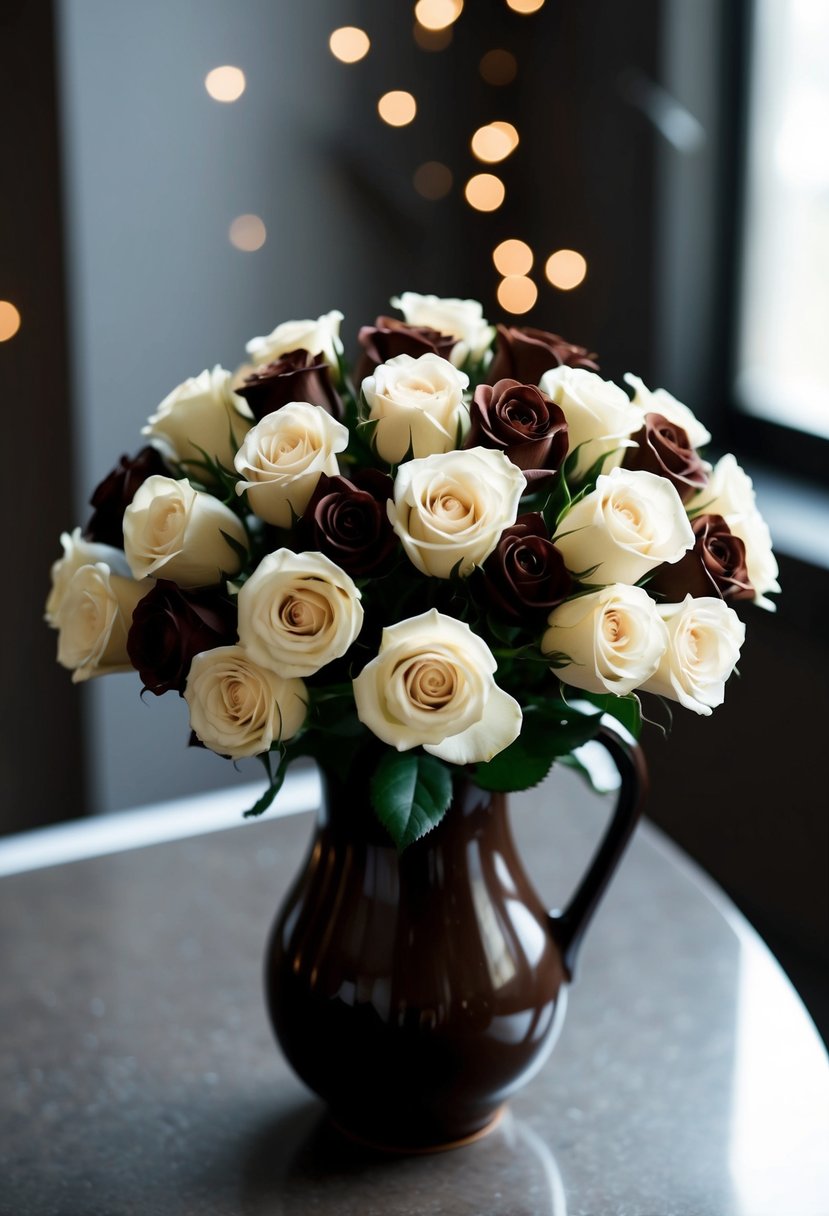 A bouquet of chocolate and cream roses arranged in a dark brown vase