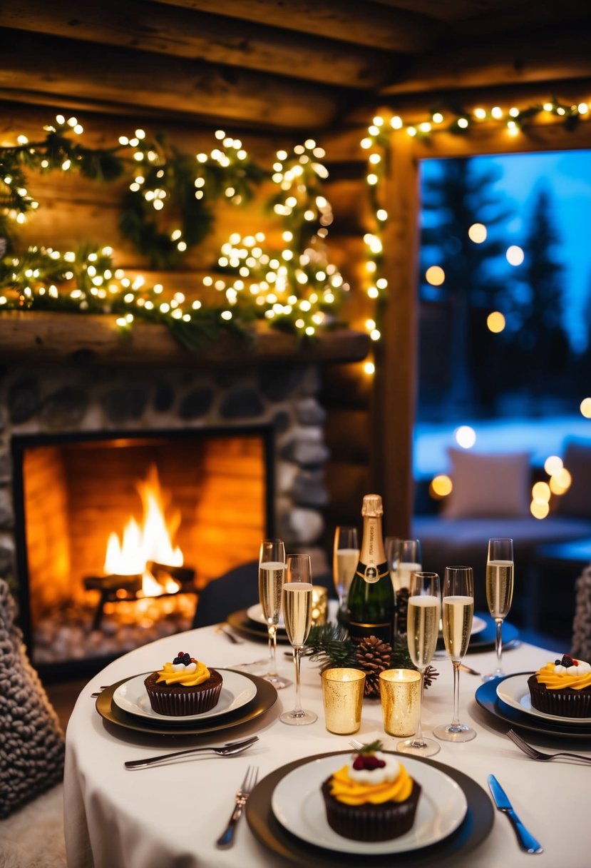 A cozy cabin with twinkling lights, a crackling fire, and a table set with champagne and desserts for a bachelorette party in the winter