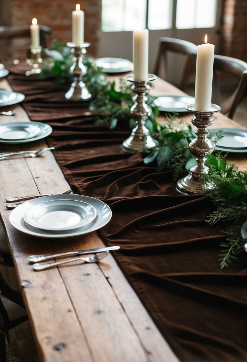 A dark brown velvet table runner draped across a rustic wooden table, adorned with elegant silver candle holders and lush greenery