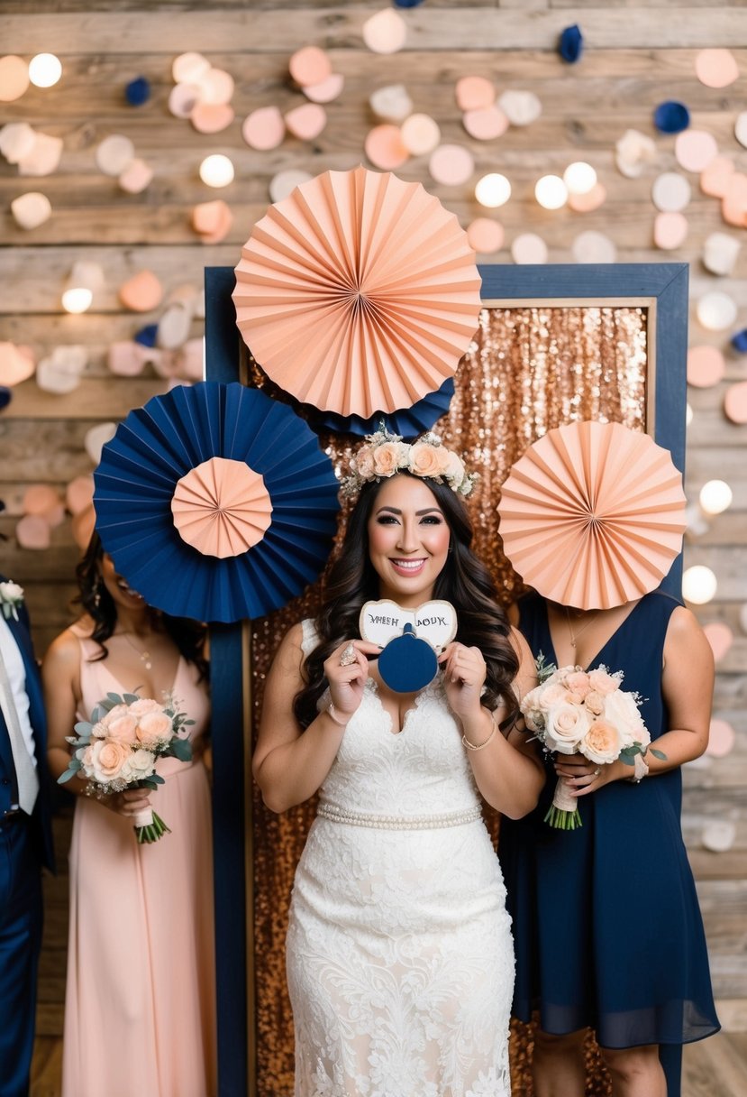 A rustic photo booth adorned with peach and navy decor for a wedding