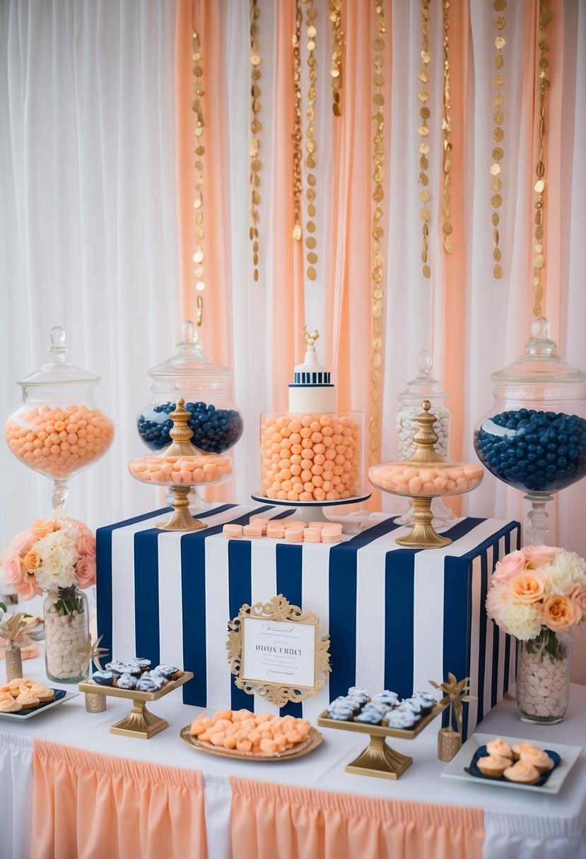 A peach and navy candy bar at a wedding reception with coordinating decor and treats