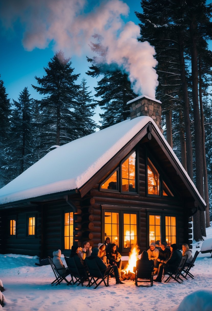 A snow-covered cabin nestled in a forest, smoke curling from the chimney. Warm light glows from the windows, while a group of friends gather around a crackling fire