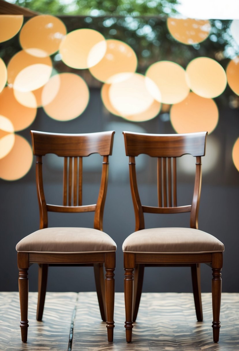 Two walnut accent chairs with taupe cushions in a dark brown wedding color scheme