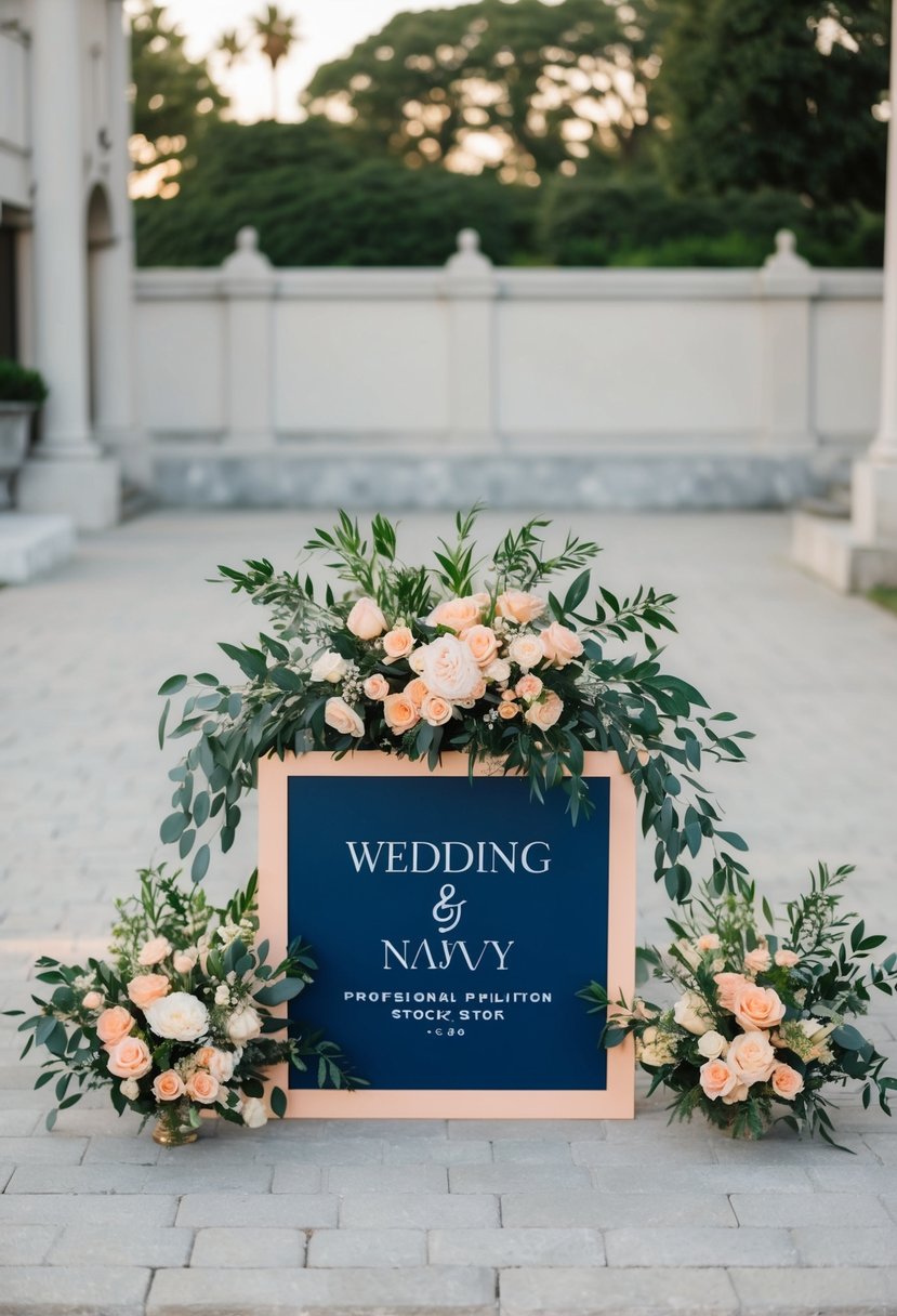 A navy and peach wedding sign surrounded by matching floral arrangements