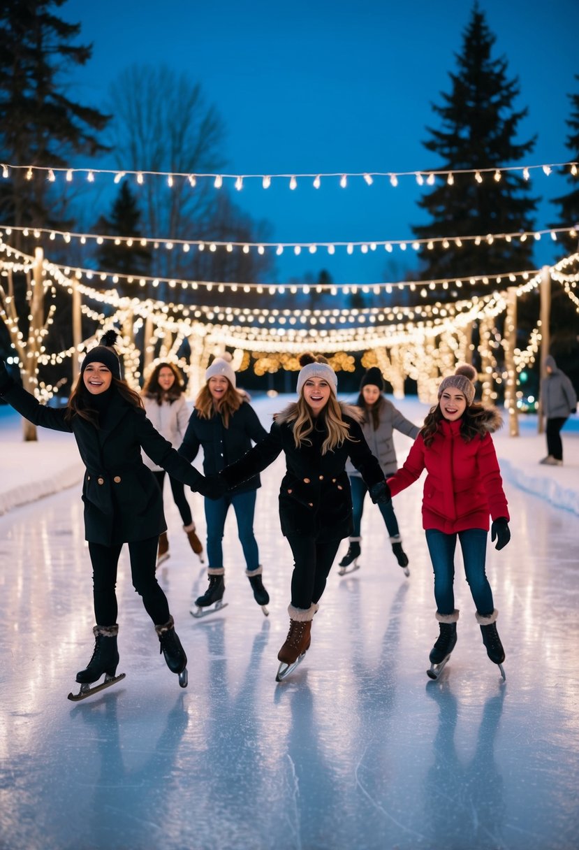 A group of people glide gracefully across a frozen pond surrounded by twinkling lights and snowy trees, laughter and music filling the air