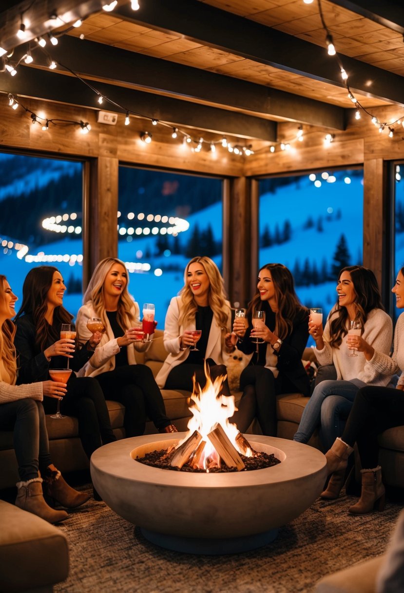 A cozy après-ski lounge at night with twinkling lights, a roaring fire, and groups of women celebrating a bachelorette party with cocktails and laughter