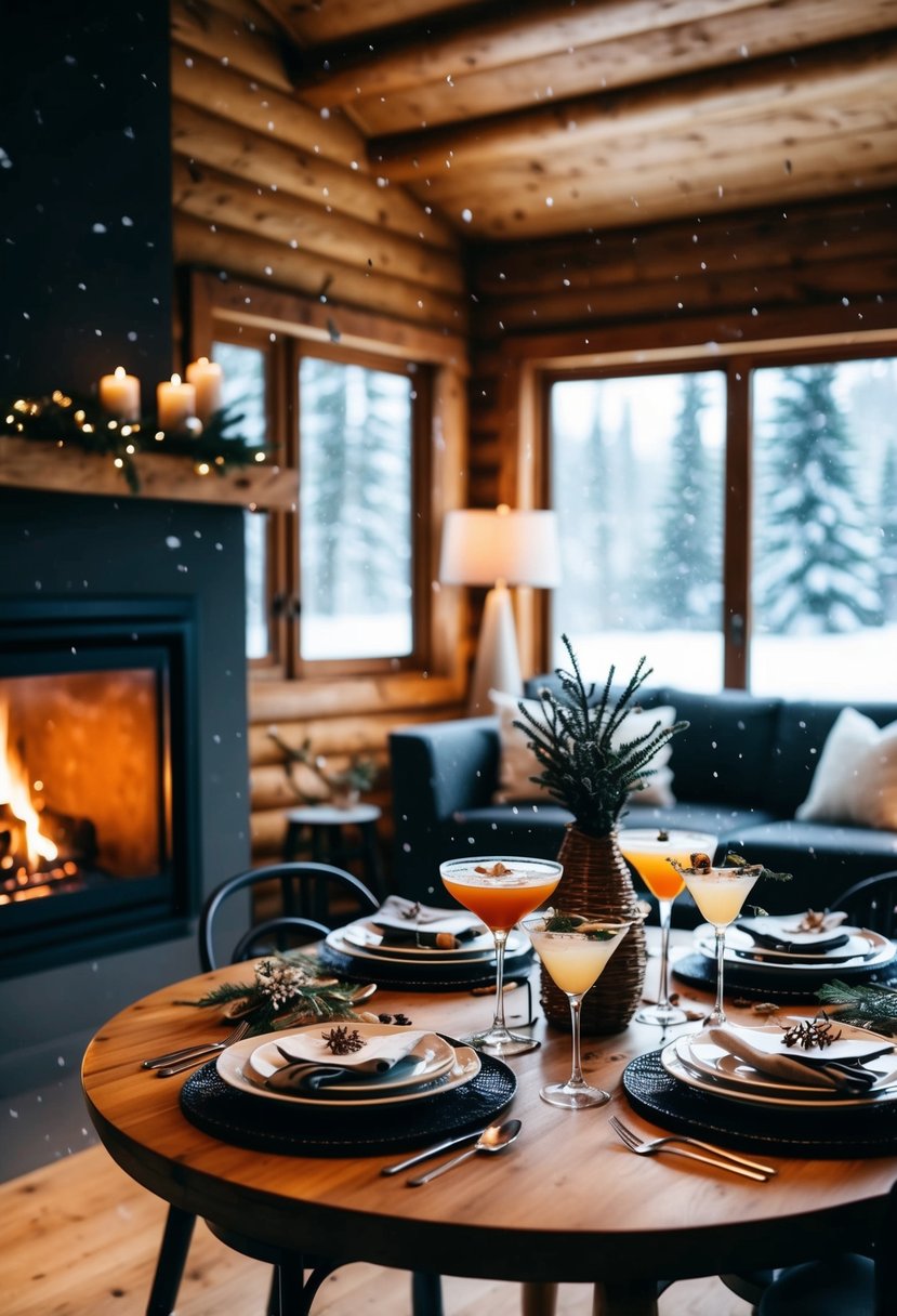 A cozy cabin with a roaring fireplace, snow falling outside, and a table set with elegant winter-themed cocktails and decorations