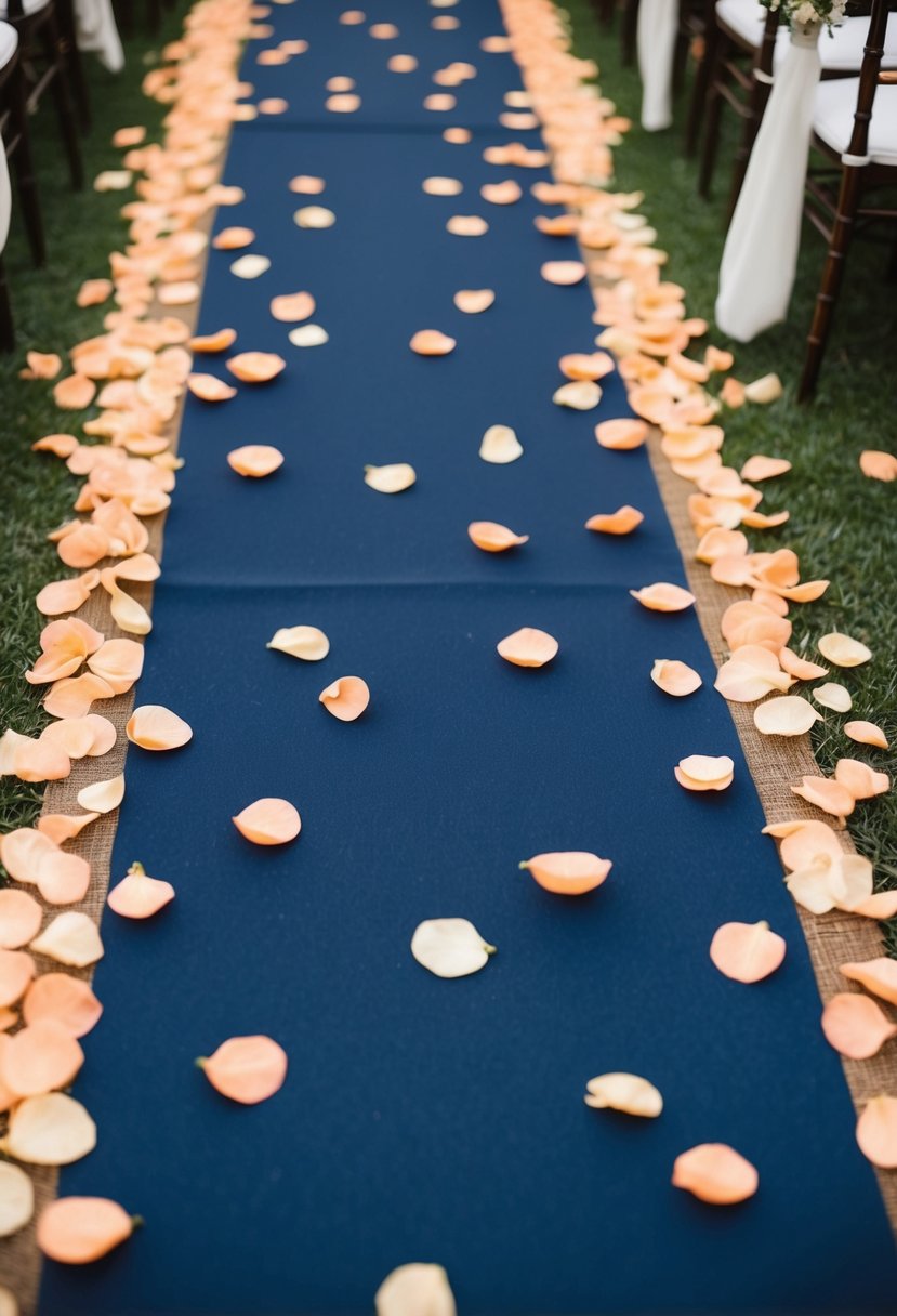 A navy blue aisle runner adorned with scattered peach petals