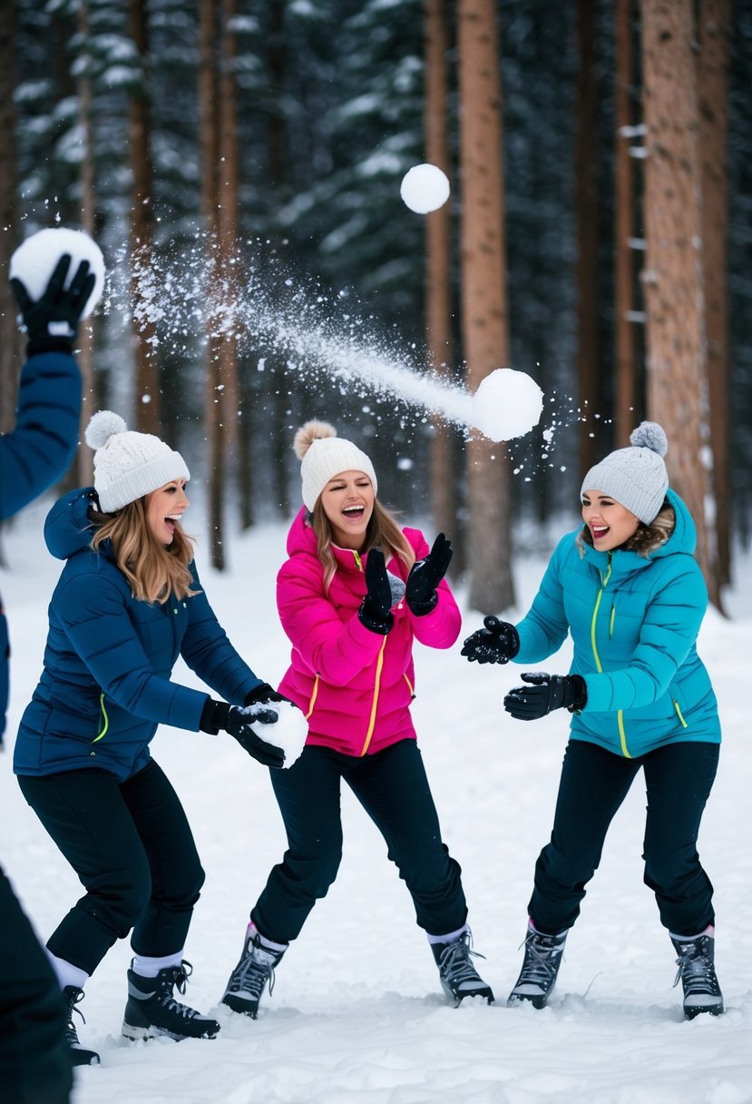 A lively snowball fight championship in a snowy forest clearing, with teams of women in winter gear laughing and throwing snowballs at each other