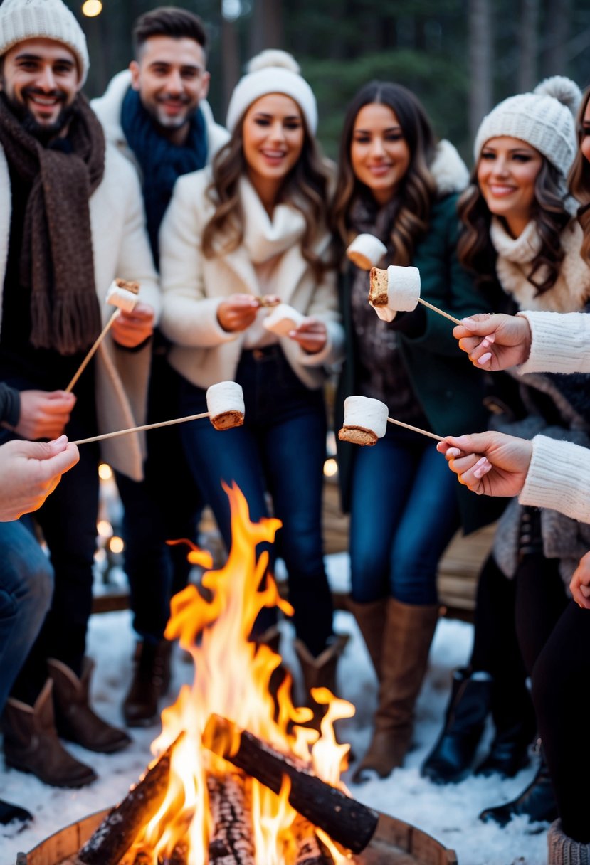 A cozy winter scene with a crackling bonfire, s'mores roasting on sticks, and a group of friends gathered around, enjoying a bachelorette party