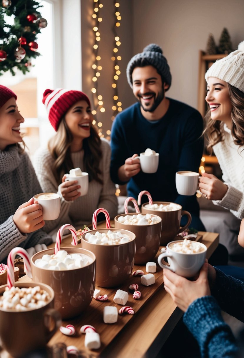 A cozy winter scene with a festive hot cocoa bar adorned with marshmallows, candy canes, and whipped cream. A group of friends gather around, laughing and sipping their warm drinks