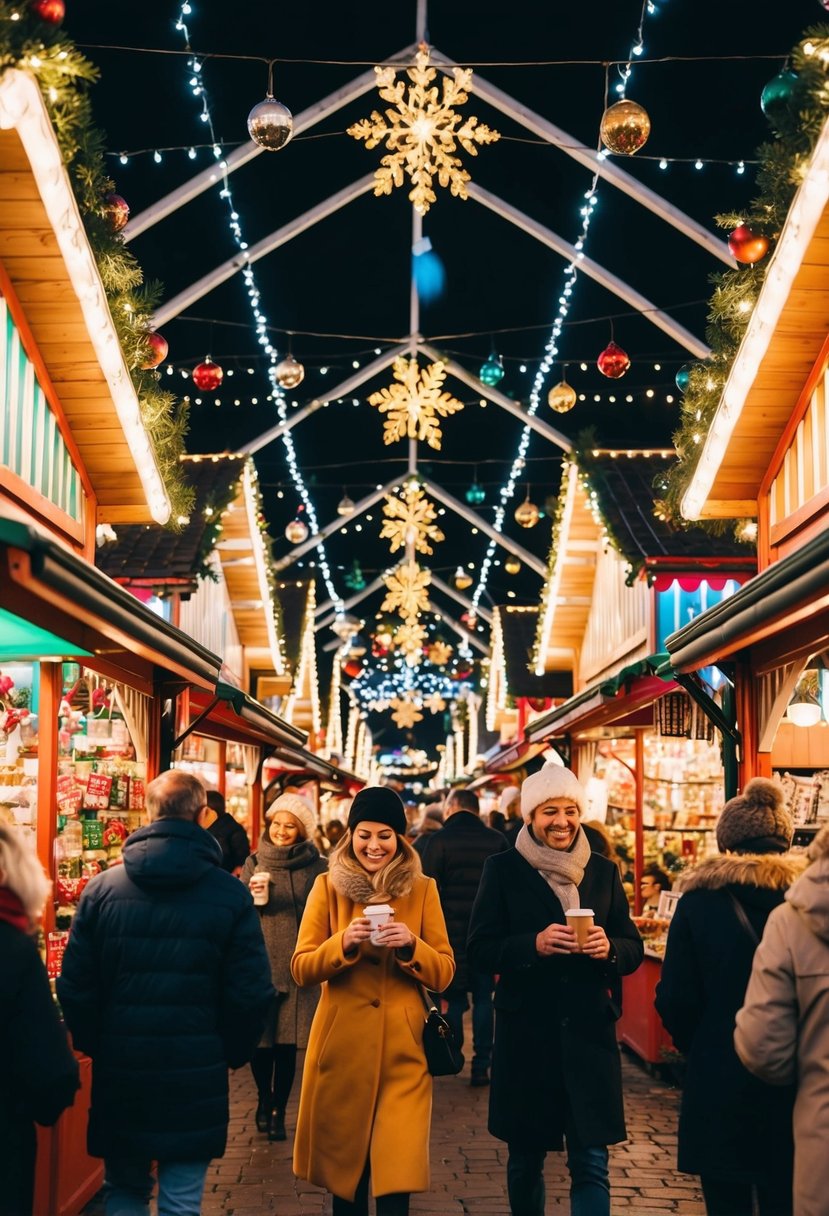 A bustling Christmas market with colorful stalls, twinkling lights, and festive decorations. People stroll, sipping hot drinks and browsing handmade gifts