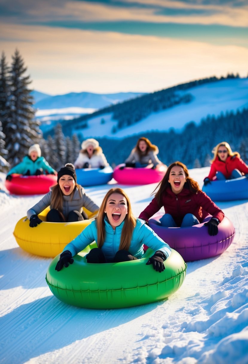 A group of women laugh and scream as they slide down a snow-covered hill in colorful tubes, surrounded by a beautiful winter landscape