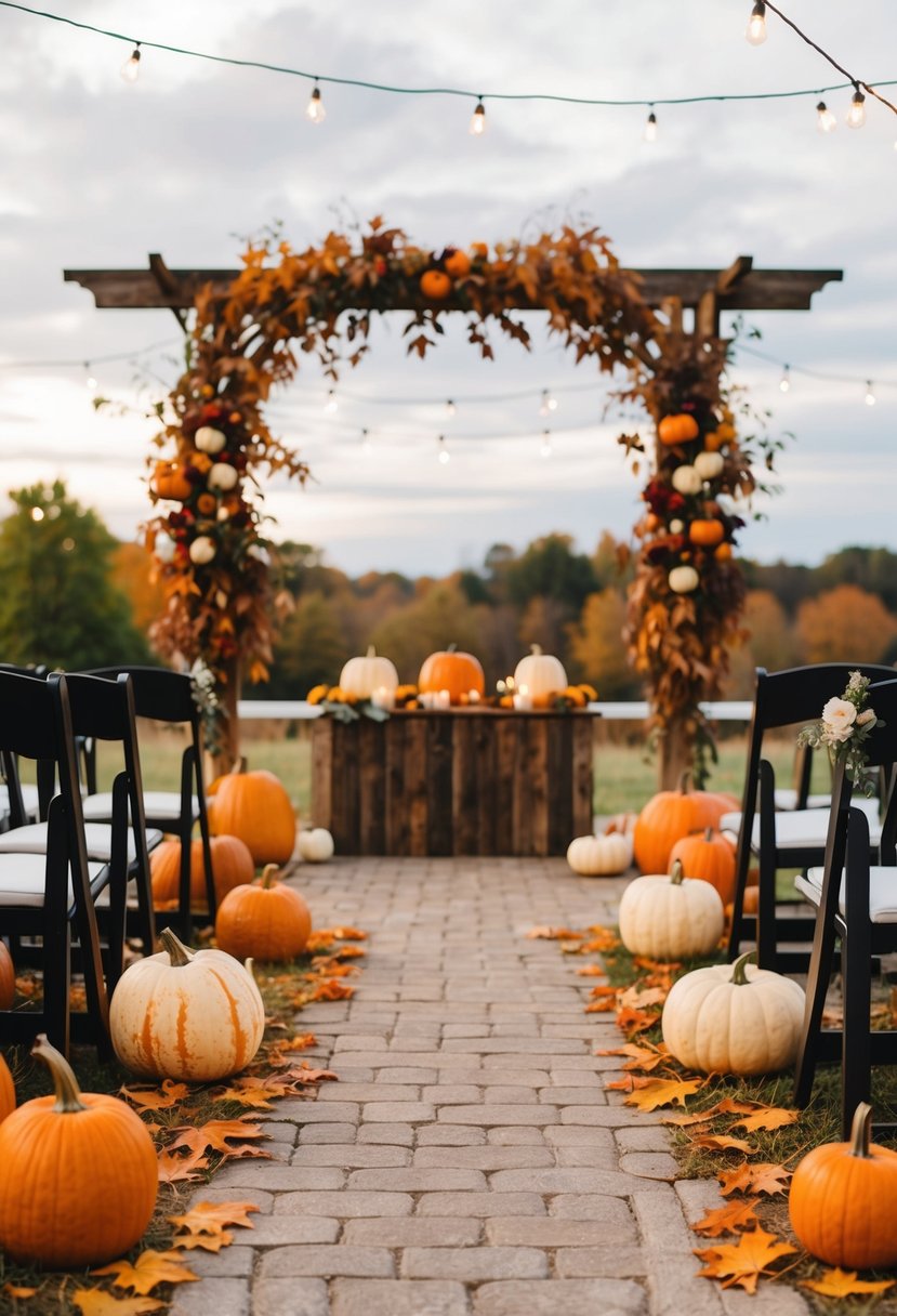 A rustic outdoor wedding with orange leaves, pumpkins, and fall flowers adorning the venue