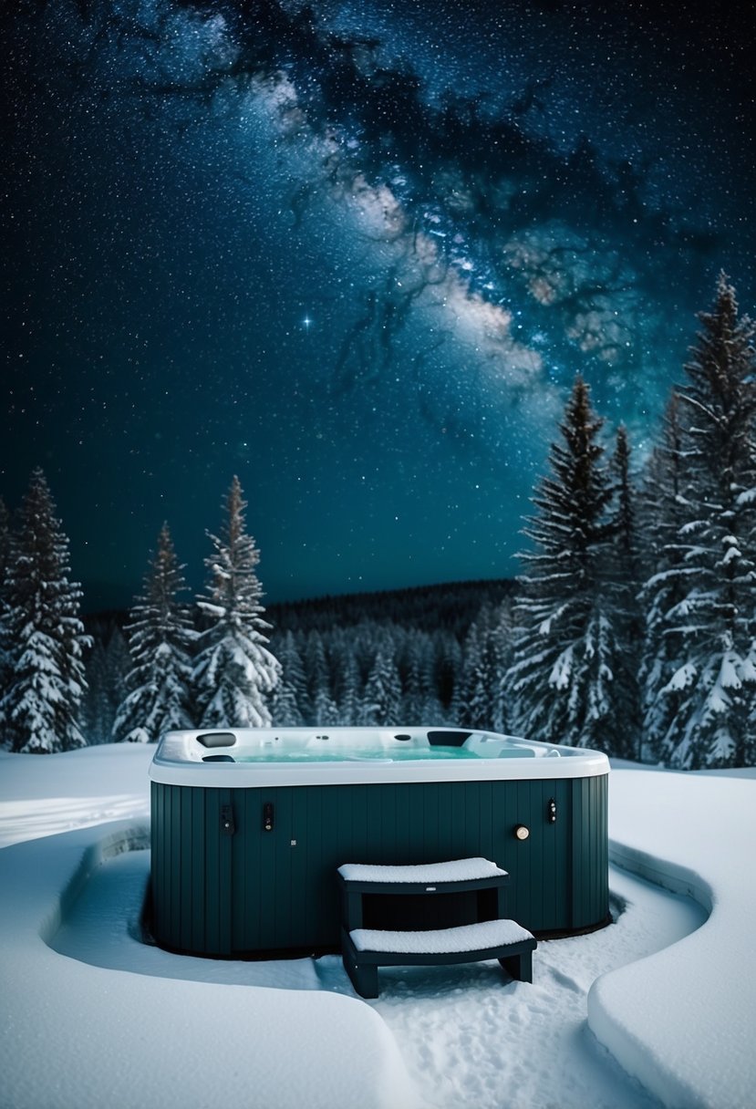 A hot tub sits under a starry winter night, surrounded by snow-covered trees